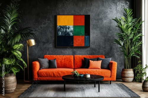 Stylish Modern Living Room With Vibrant Orange Sofa and Artistic Wall Decor i...