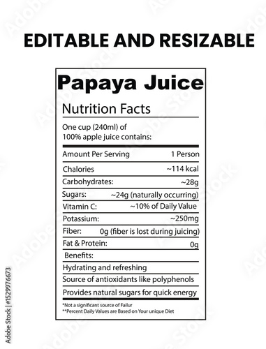 Editable and Resizable Papaya Juice Nutrition Facts Label Template  Quick Energy, Antioxidants & Hydration