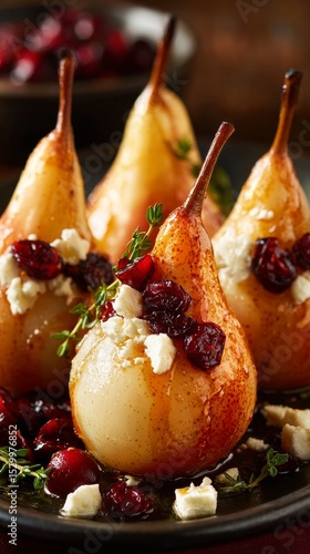 Delicious Baked Pears Topped With Cranberries and Cheese Served on a Rustic P...