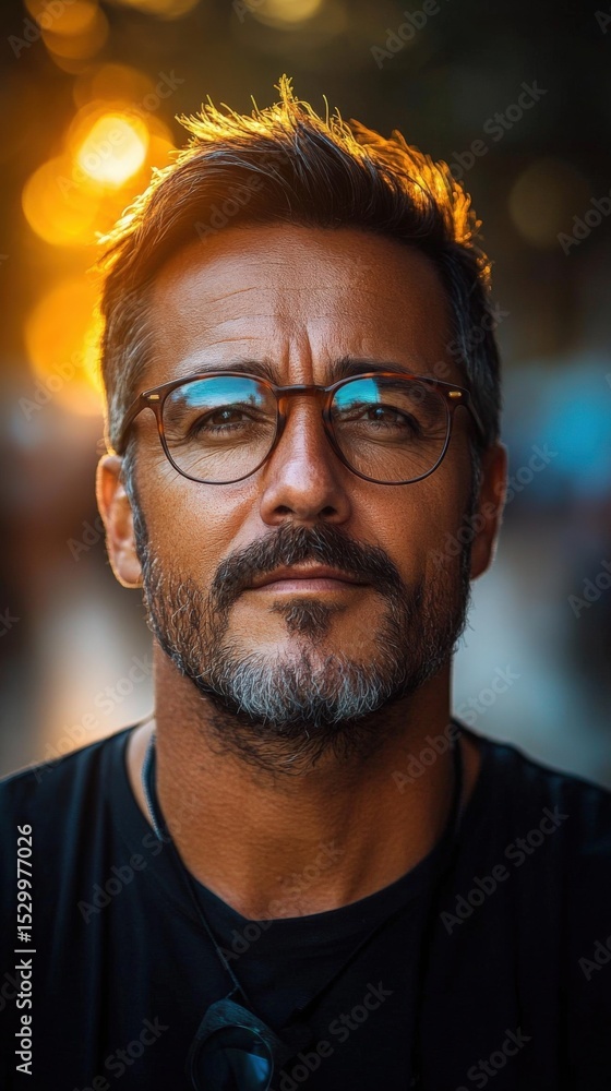 Confident Middle-Aged Man with Glasses Smiling in a Sunlit Urban Setting Confident Middle-Aged Man with Glasses Smiling in a Sunlit Urban Setting
