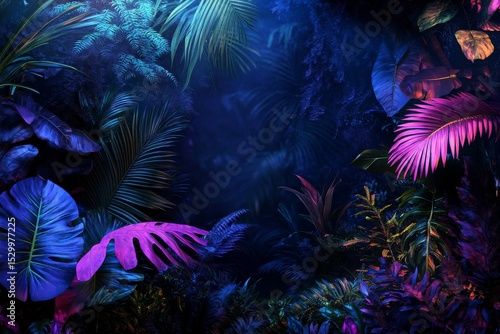 Vibrant Tropical Foliage Illuminated by Colorful Lights in a Mystical Garden ...