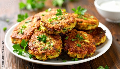 A Plate of Delicious Zucchini Fritters on a Wooden Table