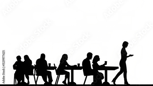 Silhouette of people sitting at tables and a waitress carrying a tray in a restaurant setting created with generated ai
