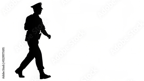Silhouette of a police officer in uniform walking against a plain white background in a side profile view created with generated ai