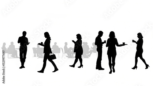 Silhouetted figures holding cups and trays in a busy cafe or office break room setting with tables and chairs created with generated ai