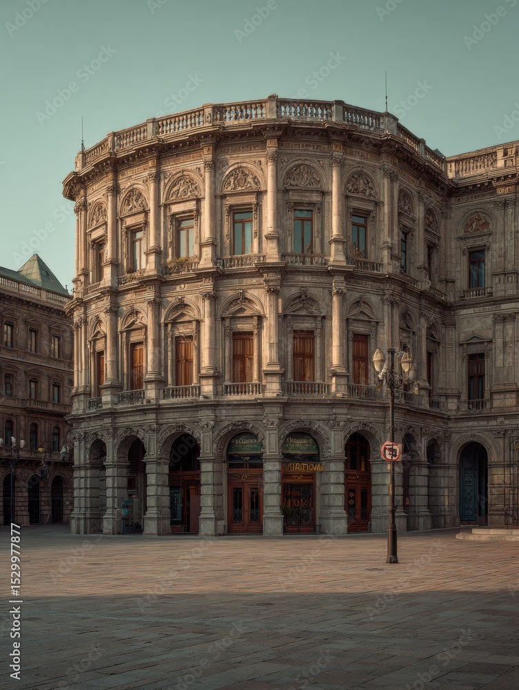 Fototapeta premium A grand, ornate building stands in an empty city square.