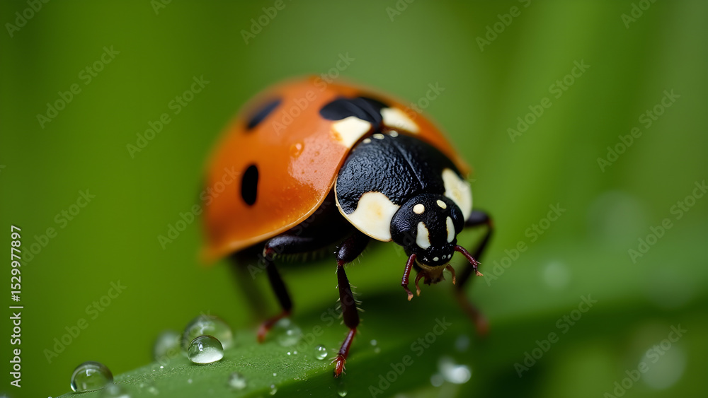 Fototapeta premium Ladybug on grass macro close up. Ladybug covered in water droplets on macro photography