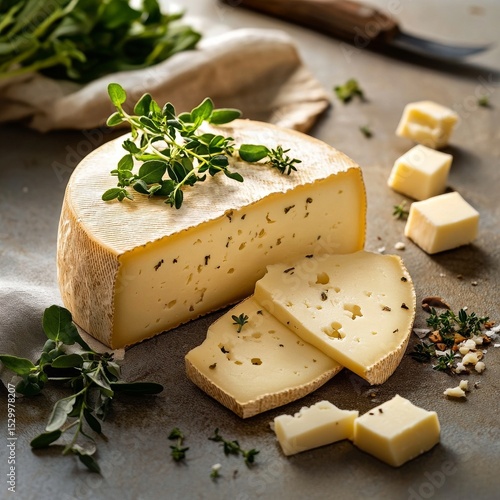 Delicious Cheese Block With Fresh Herbs on a Textured Surface.