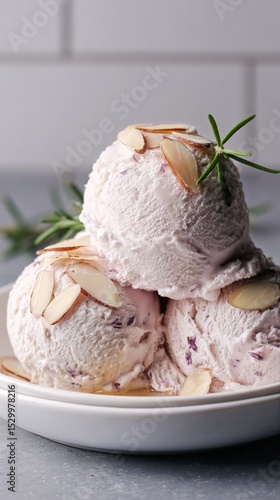 Creamy Ice Cream Scoops Topped With Almond Slices and Fresh Rosemary on a Whi...