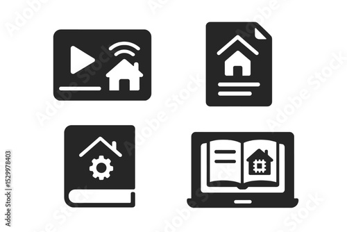 Smart Home Learning Icons. Solid style icons of smart home learning: tutorial icon, guide page, setup book, learning screen. Solid