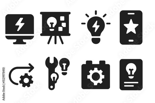 Creative Icons Showcase. Solid style icons of creativity in smart products: concept flash, idea board, innovative spark, custom