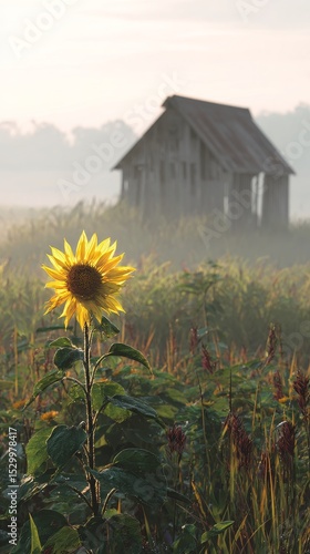 Vibrant Sunflower Stands Tall in Golden Wheat Field Near Historic Barn at Sun...