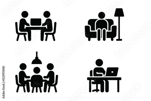 Coworking Space Icons. Solid style icons of coworking spaces: shared desk, office lounge, meeting hub, hot desk icon. Solid style
