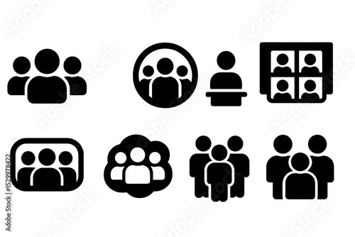Startup Team Icons. Solid style icons of startup teams: crew icon, member circle, collab grid, founder board. Solid style of role