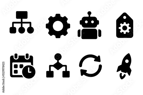Automation System Icons. Solid style icons of automation systems: workflow icon, process gear, task bot, rule tag. Solid style of