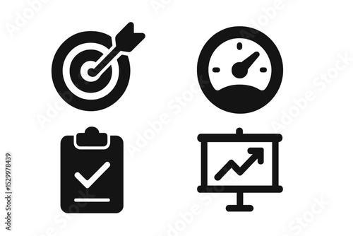 Support Goals Icons. Solid style icons of support goals: target resolution, SLA tracker, case progress, goal board. Solid style of