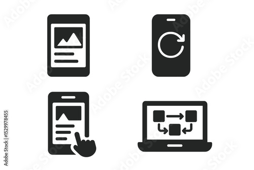 Prototyping Tools Icons. Solid style icons of prototyping tools: screen draft, prototype icon, clickable layout, navigation flow.