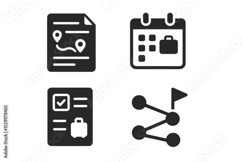 Trip Planning Icons. Solid style icons of trip planning: itinerary sheet, calendar icon, packing list, travel goals. Solid style