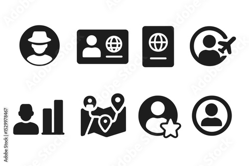 Travel Icons Set. Solid style icons of travel users: traveler profile, tourist ID, passport icon, frequent flyer. Solid style of