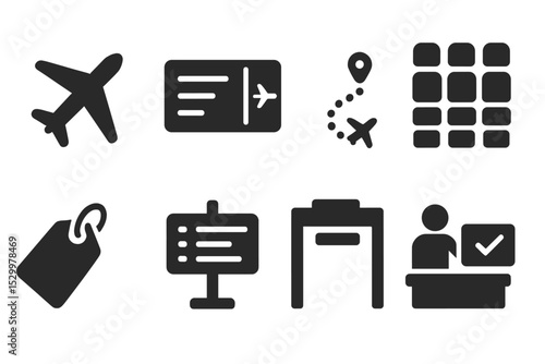 Air Travel Icons. Solid style icons of air travel: airplane icon, boarding pass, flight route, seat map. Solid style of baggage