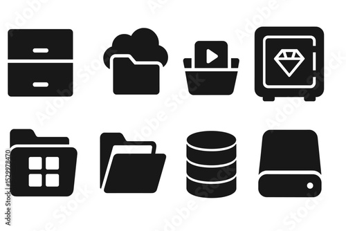 Solid Storage Icons. Solid style icons of storage for UX assets: design archive, cloud folder, media bin, sketch vault. Solid