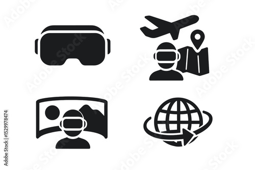 Virtual Travel Icons. Solid style icons of VR travel experiences: VR headset, virtual destination, immersive tour, 360 view. Solid