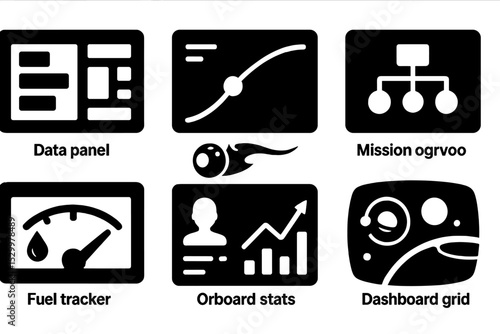 Mission Dashboard Icons. Solid style icons of mission dashboards: data panel, trajectory chart, system overview, mission log.