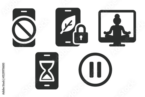 Mindful Detox Icons. Solid style icons of mindful digital detox: digital break app, phone locked with leaf overlay, calm digital