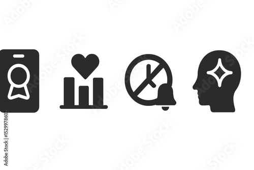 Digital Mindfulness Icons. Solid style icons of digital mindfulness challenges: app with challenge ribbon, progress tracker with