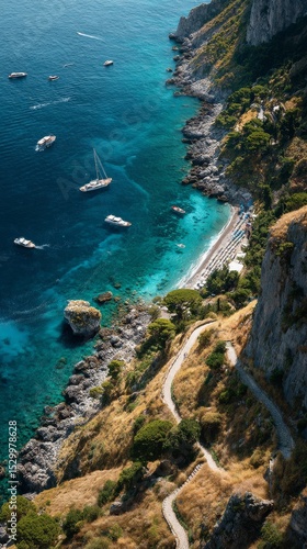 Breathtaking View of Coastline and Boats Near Capri During Sunny Day.