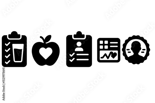 Wellness Icons Collection. Solid style icons of wellness habit trackers: water intake tracker, nutrition habit icon, self-care