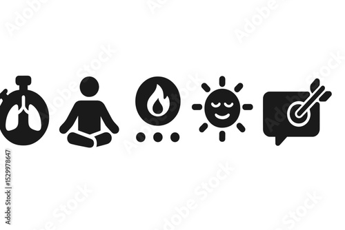 Stress Relief Icons. Solid style icons of stress relief & focus aids: breathing exercise timer, relaxed posture icon, stress