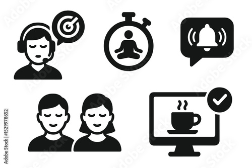 Virtual Collaboration Icons. Solid style icons of virtual collaboration mindfulness: user with headset and focus, collaboration