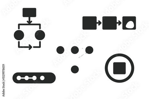 Calm Workflow Icons. Solid style icons of calm digital workflows: clean task flowchart, digital steps with highlight, flow path