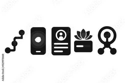 Digital Zen Icons. Solid style icons of digital zen workflows: clean step map, app with soft glow, balanced task tracker, zen