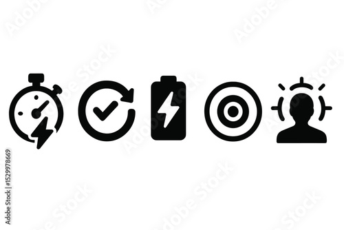 Focus and Recharge Icons. Solid style icons of focus reset & recharge: timer with recharge progress, session reset badge, energy