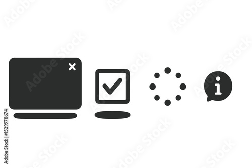 Focus-Friendly UI Icons. Solid style icons of focus-friendly UI components: modal window with shadow, outline checkbox, soft hover