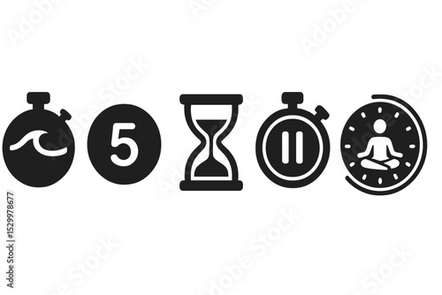 Relaxation Timer Icons. Solid style icons of relaxation timers: timer with wave icon, soft countdown badge, calm hourglass icon,