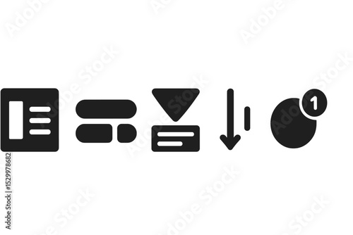 UI Component Icons. Solid style icons of focus-friendly UI components: collapsible sidebar, segmented control, dropdown menu icon,