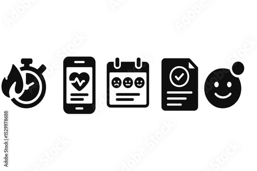 Wellness Check Icons. Solid style icons of wellness check-in tools: check-in timer badge, app with health insights, daily mood
