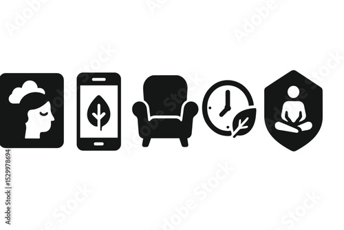 Mindful Break Icons. Solid style icons of mindful break zones: quiet room sign, digital mindfulness zone, peaceful chair icon,
