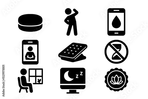 Remote Wellness Icons. Solid style icons of remote wellness practices: meditation cushion, stretching routine, water drop reminder