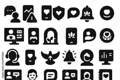 Digital Mental Health Icons. Solid style icons of digital mental health support: therapy chat, mood tracking graph, anxiety relief