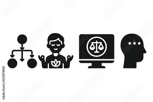 Mindful Digital Balance Icons. Solid style icons of mindful digital equilibrium: balanced workflow diagram, user with calm energy,