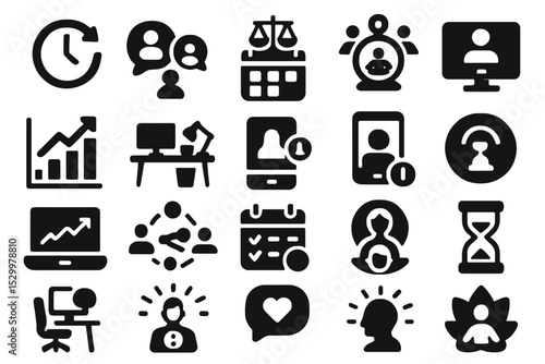 Hybrid Work Balance Icons. Solid style icons of hybrid work life balance: flexible working hours, remote team chat, balanced