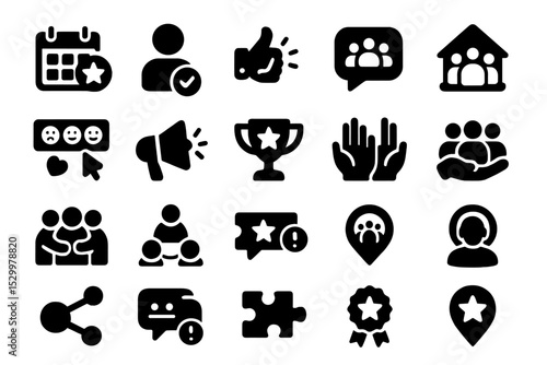 Community Engagement Icons. Solid style icons of community engagement platforms: event planner badge, volunteer tracking icon,