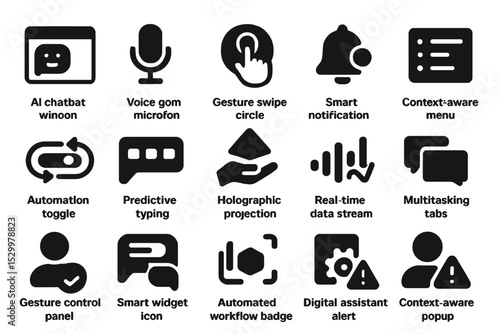 Next-Gen Productivity Icons. Solid style icons of next-gen productivity interfaces: AI chatbot window, voice command microphone,