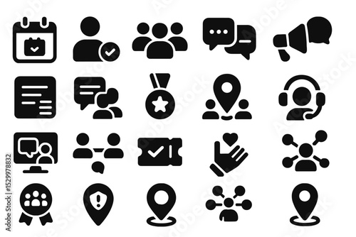 Community Engagement Icons. Solid style icons of community engagement platforms: event calendar badge, volunteer registration icon