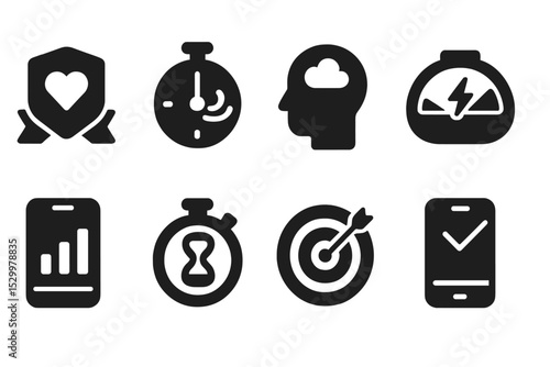 Digital Wellness Icons. Solid style icons of digital wellness trackers: wellness progress badge, timer with calm breath,