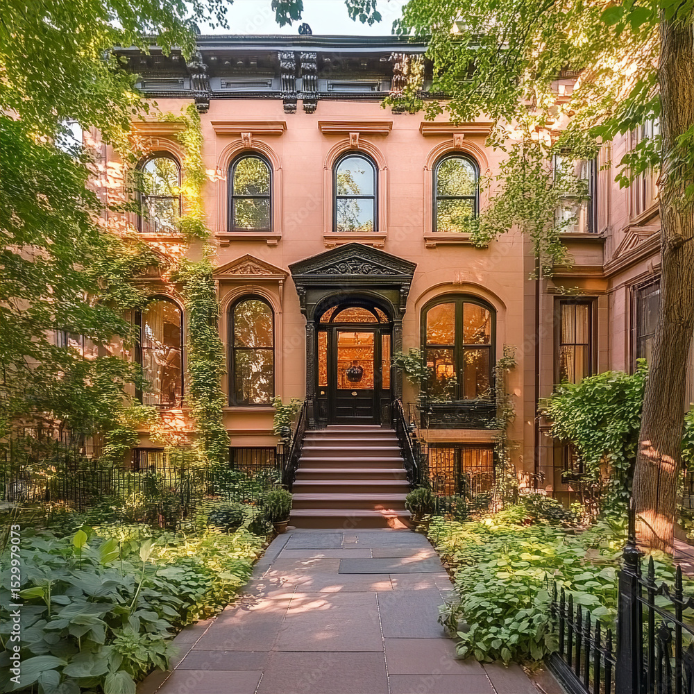 Fototapeta premium Historic Brownstone with Classic Charm and Lush Garden